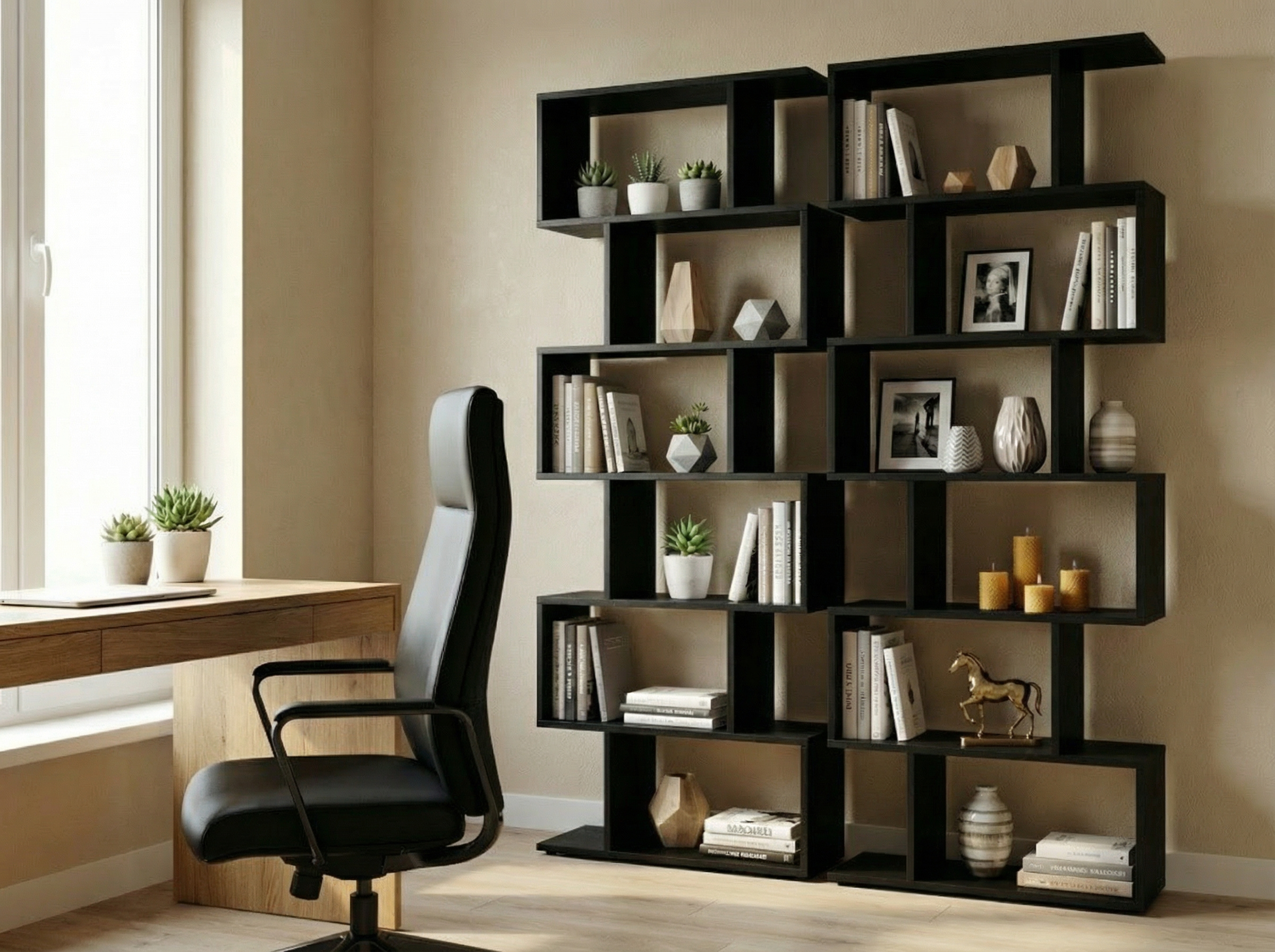Стеллаж-библиотека Fabrik Home WALLY с зигзагообразным дизайном, перегородка для комнаты, цвет черный ясень, 191 x 85 x 25 см