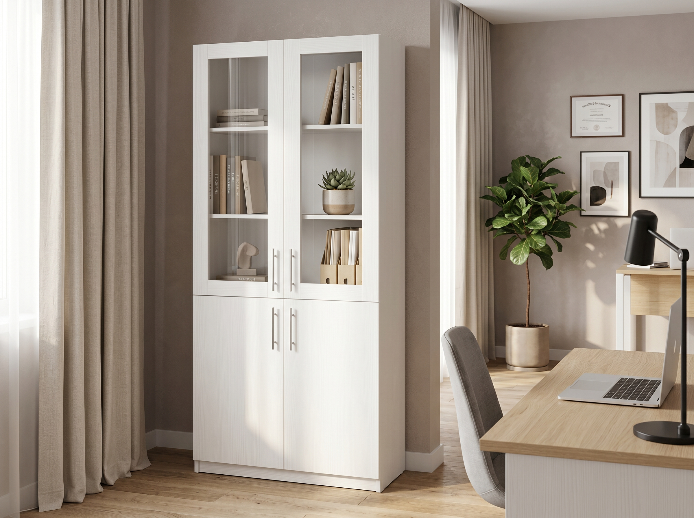 Офисный шкаф Fabrik Home Office Line No.2, цвет Белый ясень, 80x200x40 см, ламинированный ДСП 18мм, стеклянные и глухие дверцы, система RASTEX