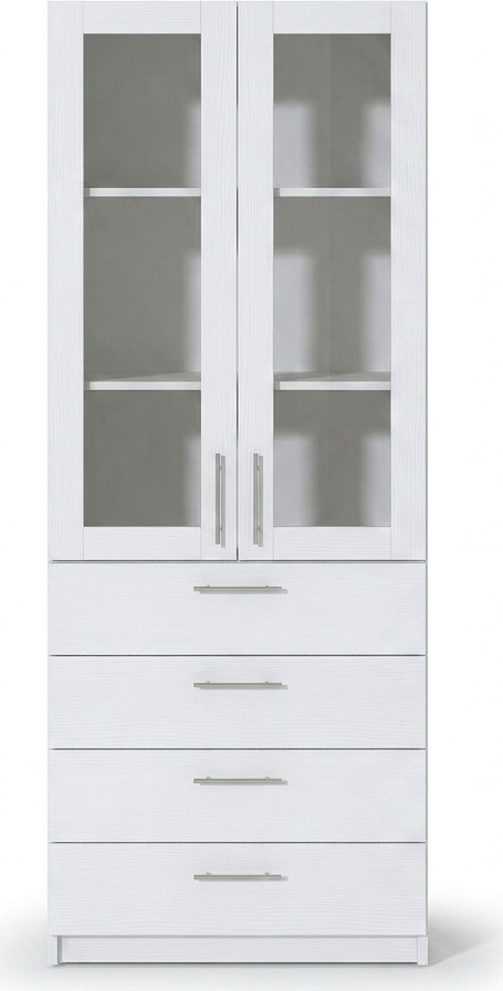 Fabrik Home Office Line No.3 Combined Office Cabinet, White Ash Laminated Chipboard, 800x2000x400mm, 2 Glass Doors and 4 Drawers