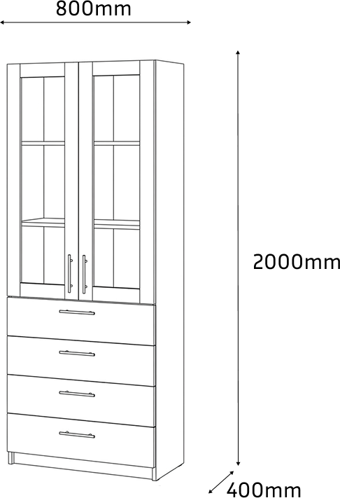 Fabrik Home Office Line No.3 Combined Office Cabinet, White Ash Laminated Chipboard, 800x2000x400mm, 2 Glass Doors and 4 Drawers