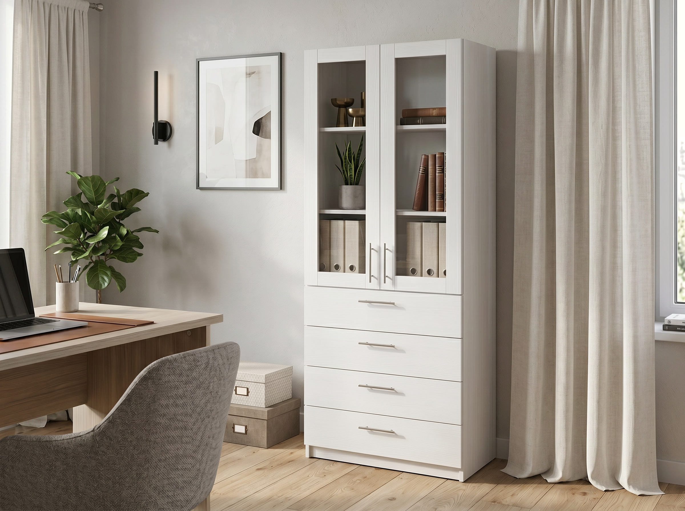 Fabrik Home Office Line No.3 Combined Office Cabinet, White Ash Laminated Chipboard, 800x2000x400mm, 2 Glass Doors and 4 Drawers