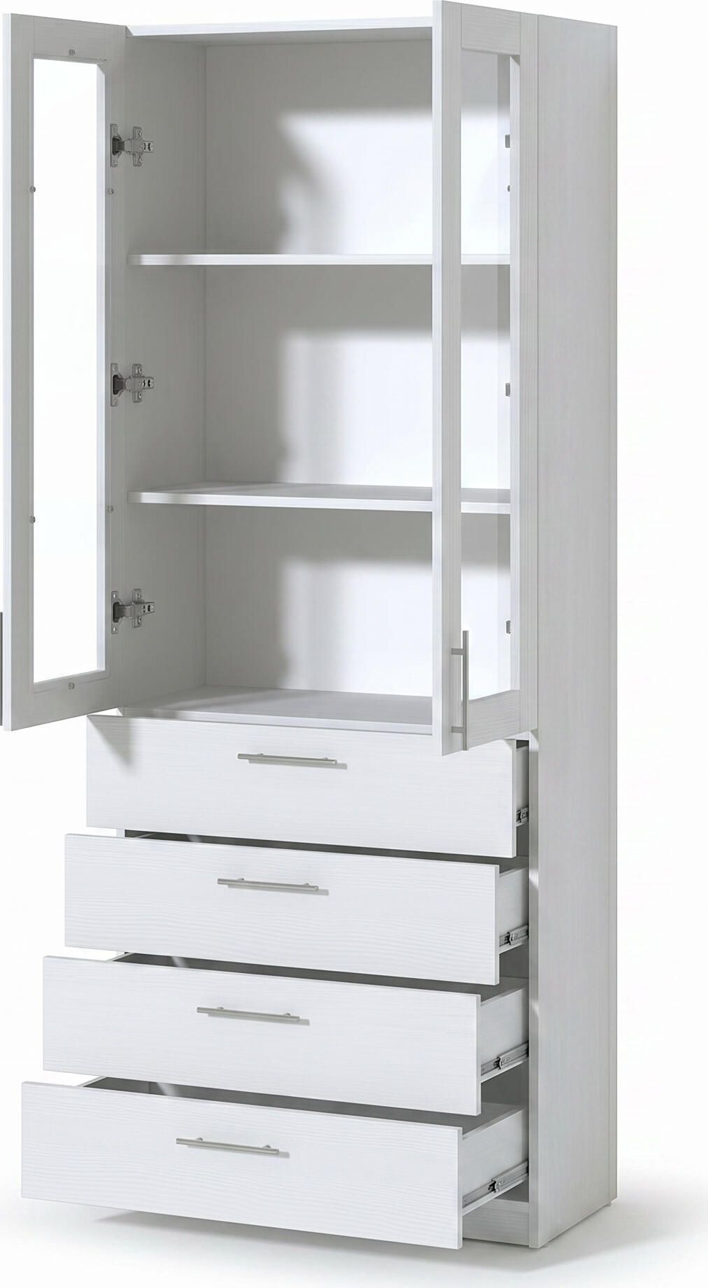 Fabrik Home Office Line No.3 Combined Office Cabinet, White Ash Laminated Chipboard, 800x2000x400mm, 2 Glass Doors and 4 Drawers
