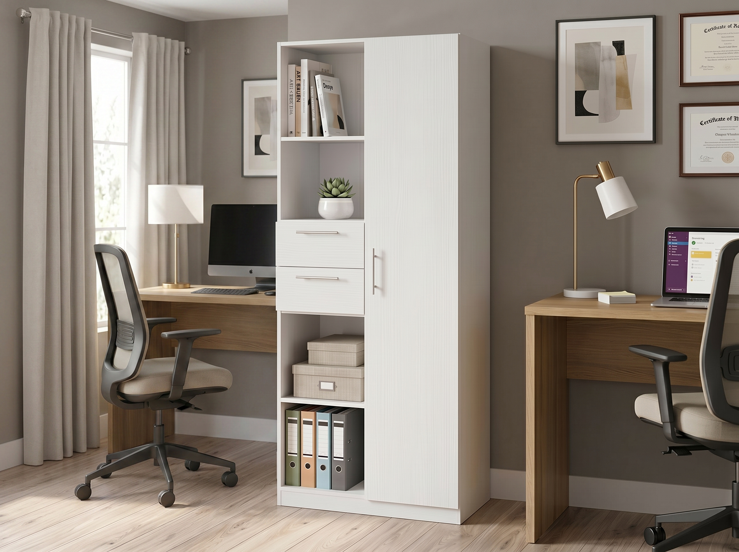 Dulap de birou combinat Fabrik Home Office Line No.4 cu rafturi deschise si sertare, Frasin Alb, 800x2000x400mm