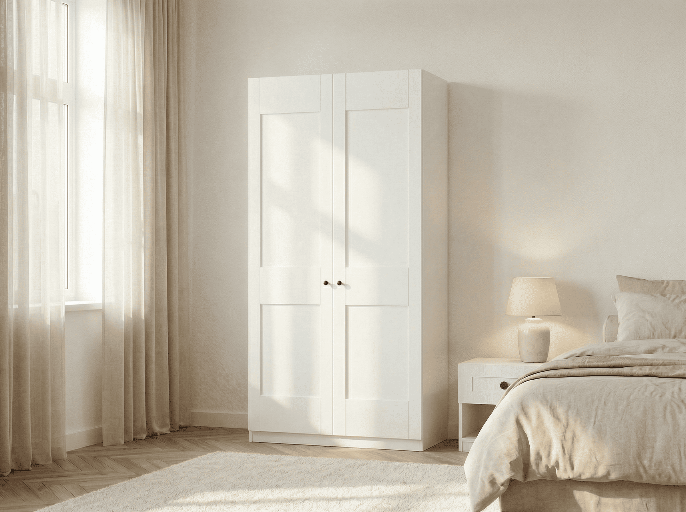 Шкаф с распашными дверцами Fabrik Home Mezzo 1000, Белый ясень, 1000x2000x500мм, Двустворчатый дизайн с филенками и круглыми ручками