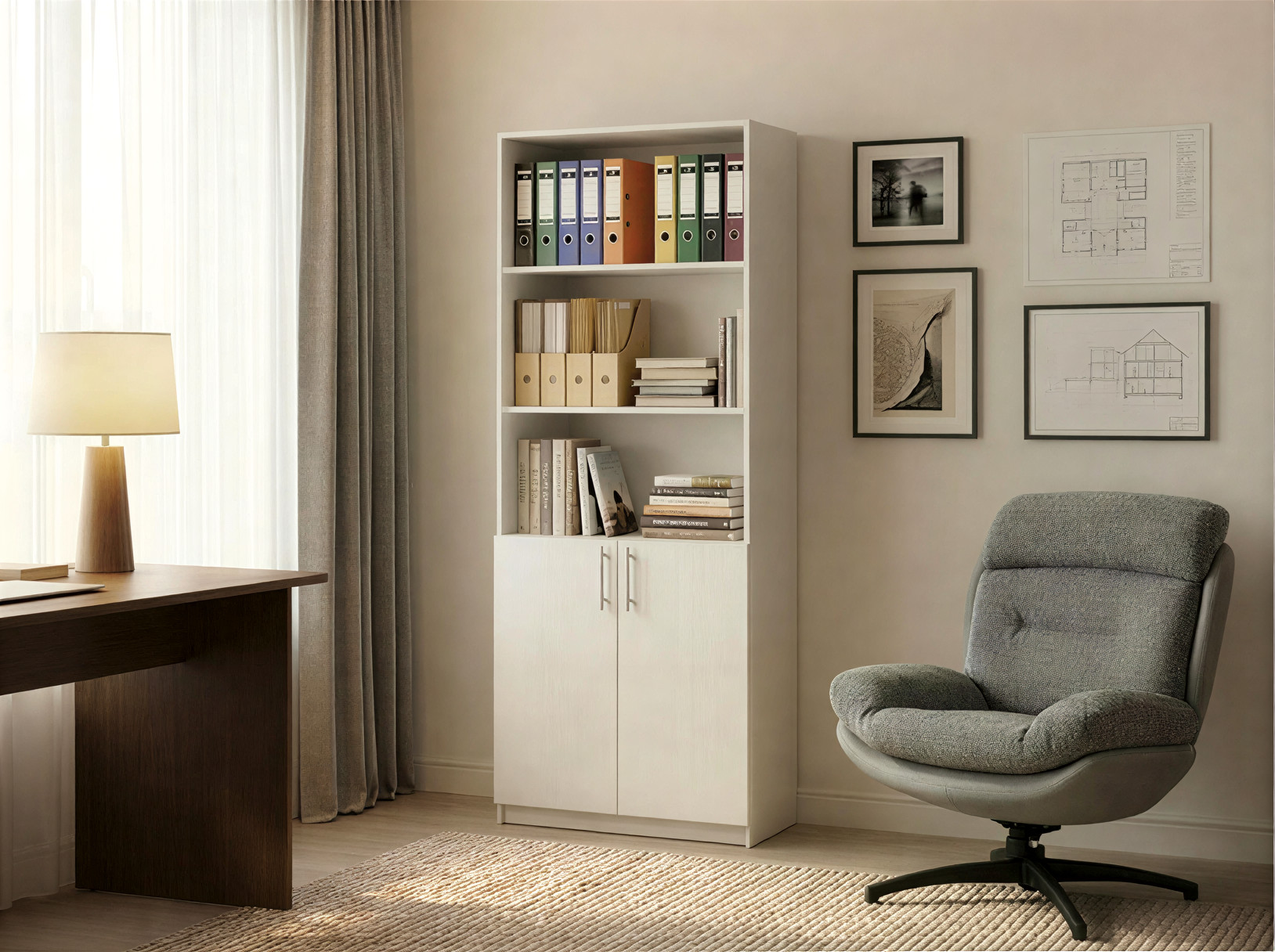Шкаф Fabrik Home Office Line 1, ламинированный ДСП 18мм, 800x2000x400мм, 3 открытые полки и закрытое отделение с 2 дверцами, кромка ABS, сборка RASTEX