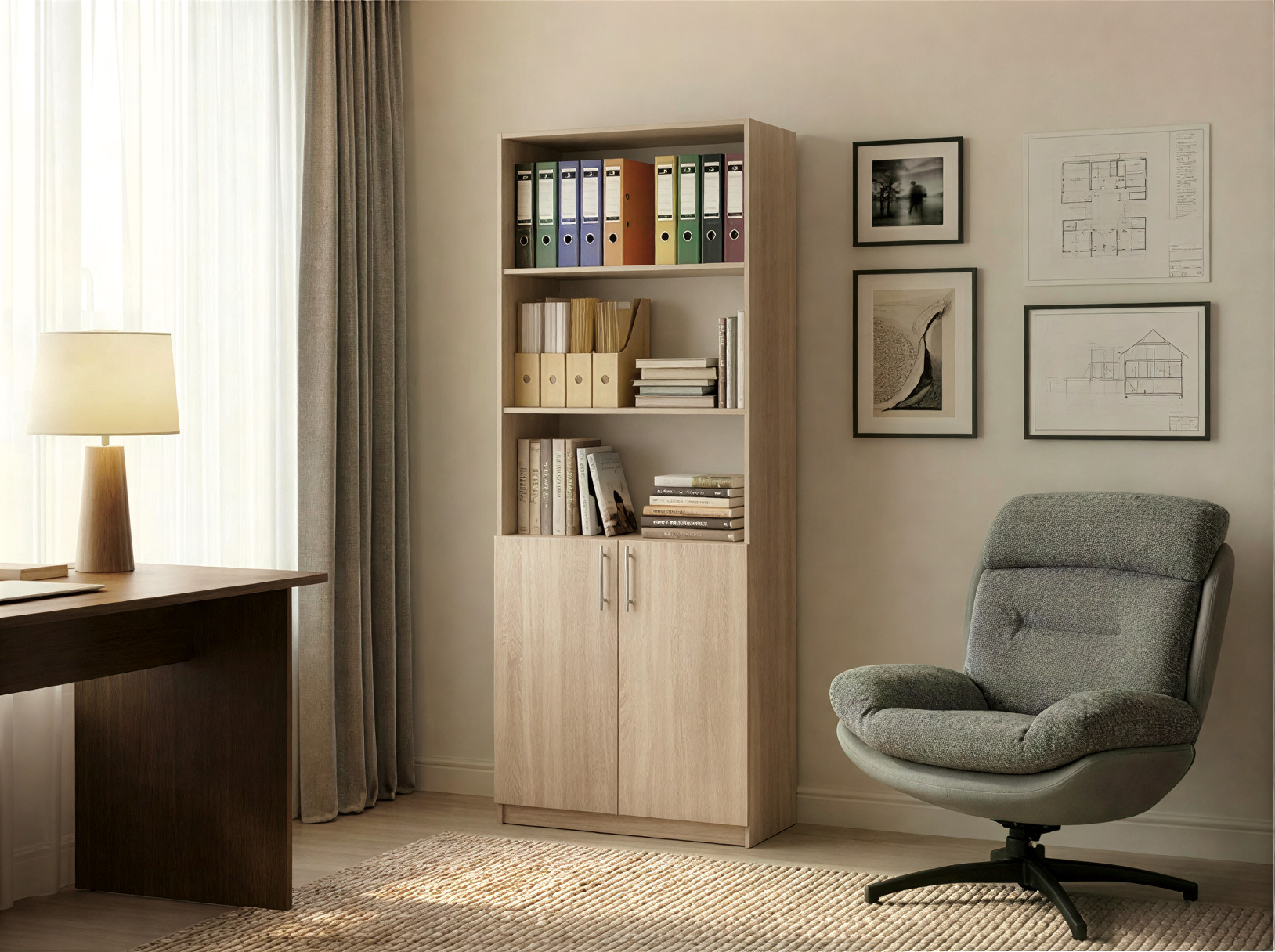 Dulap Fabrik Home Office Line 1, Stejar sonoma, PAL laminat 18mm, 800x2000x400mm, 3 rafturi deschise si 2 usi pentru compartimentul inchis, cantuire ABS, montare RASTEX