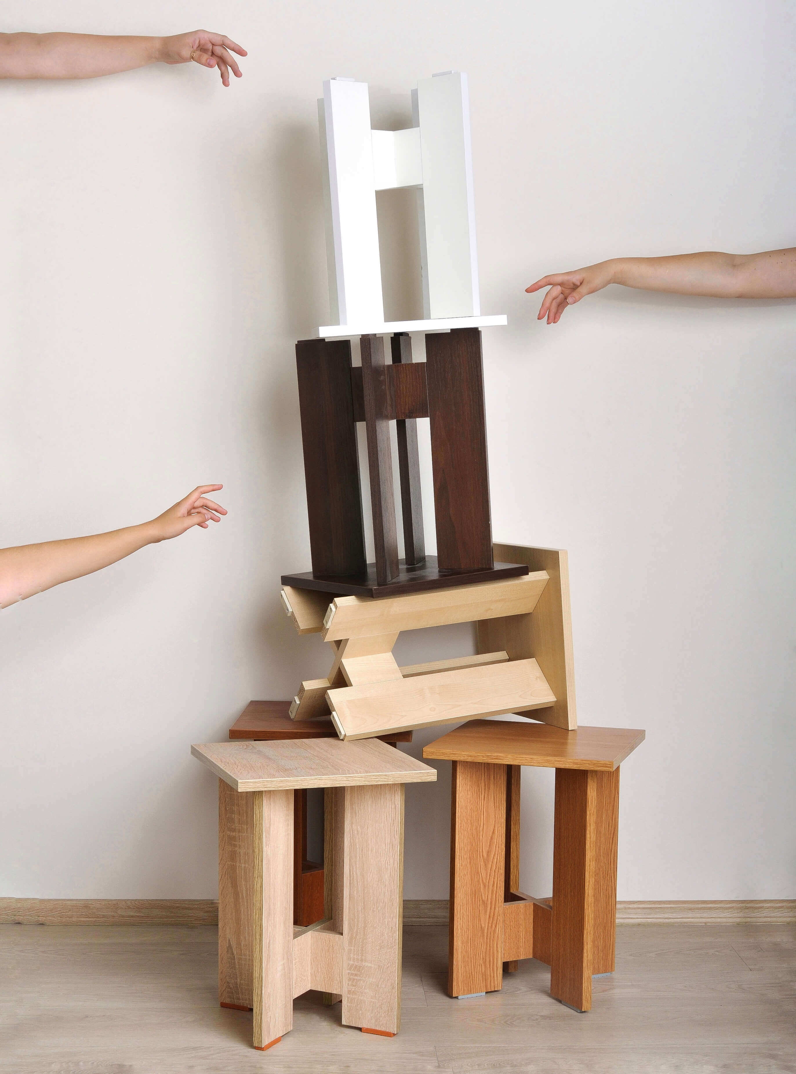 Taburet din PAL Fabrik Home, Nuc inchis, Blat Square cu Suporturi Verticale si Cross-Brace, Mobilier pentru Bucatarie si Dining