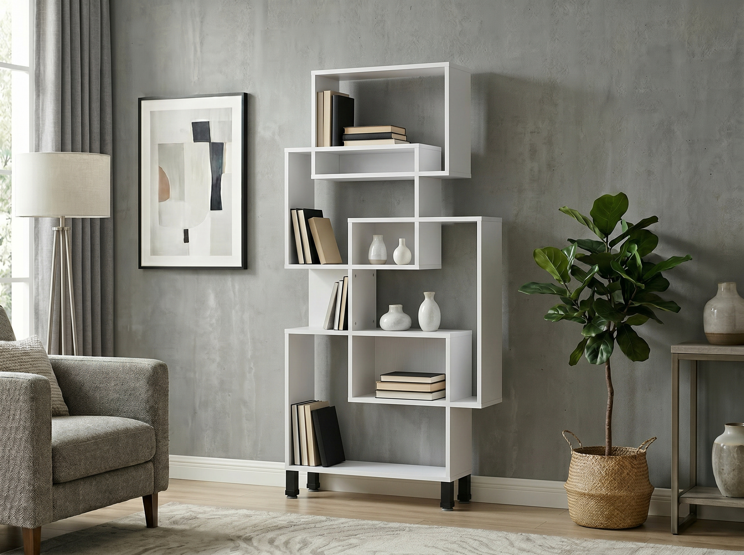 Fabrik Home Josse Futuristic Asymmetrical Shelf, White Ash LPAL, 1810x900x250 mm, Geometric Open Shelving for Living Room and Office