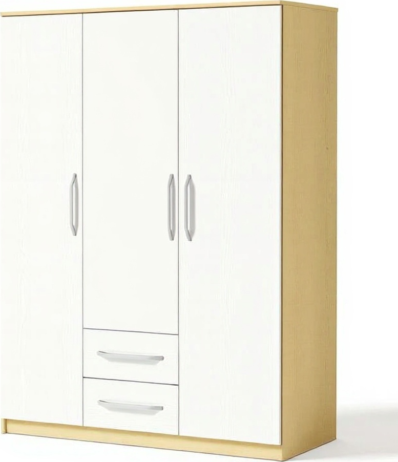 Fabrik Home Linia 1200 Hinged Door Wardrobe, Maple, 3 Sections with Shelves, Clothes Rail and 2 Bottom Drawers, 1200mm Width