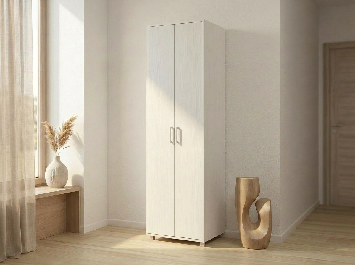 Fabrik Home Dulap Modul 2 Hallway Wardrobe, White Ash, Laminated Chipboard 18mm, 2 Doors, Clothes Rail, Hat and Shoe Shelves, 2000x600x425mm