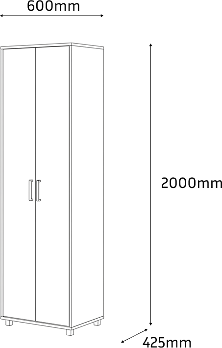 Fabrik Home Dulap Modul 2 Hallway Wardrobe, White Ash, Laminated Chipboard 18mm, 2 Doors, Clothes Rail, Hat and Shoe Shelves, 2000x600x425mm