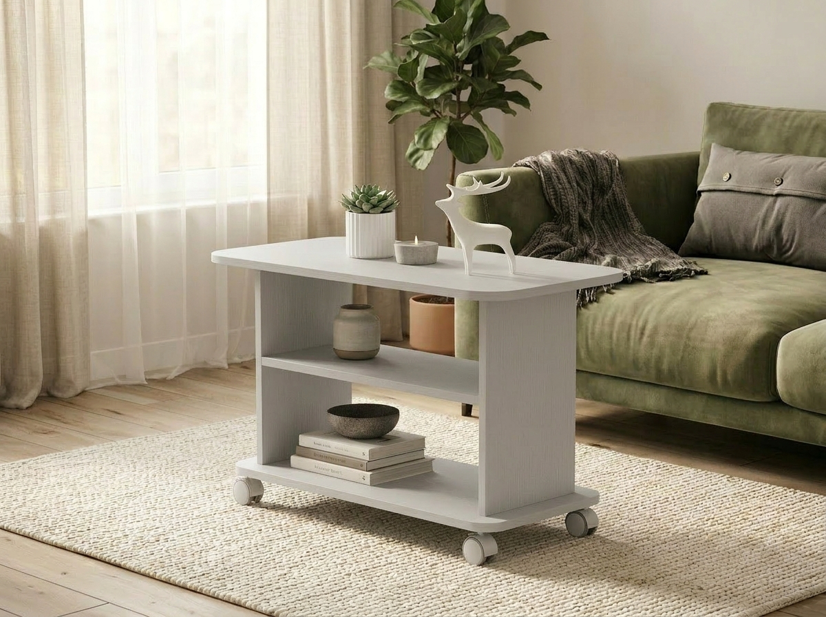 Fabrik Home Rolic Coffee Table with Swivel Wheels and Storage Shelf, White Ash, 750x450x550mm