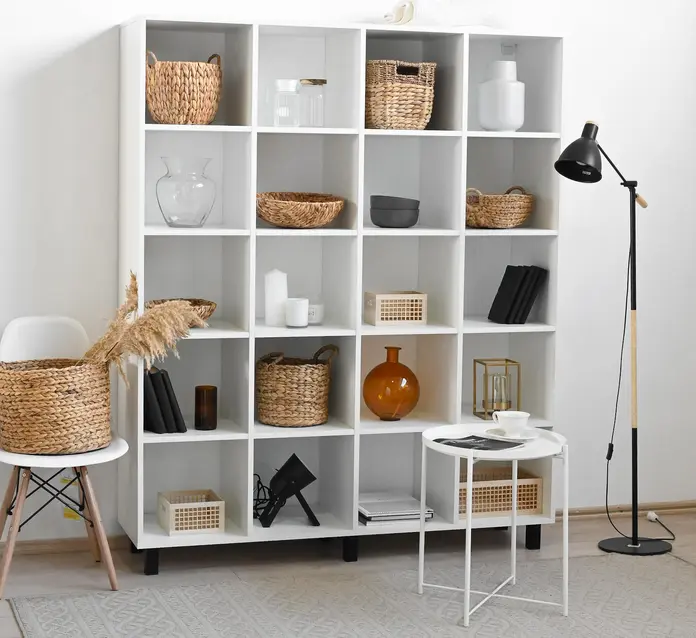 Fabrik Home Albert Shelving Unit, White Ash Particle Board, 150x180x40 cm, 20 Shelves, Room Divider with Black Cylindrical Legs