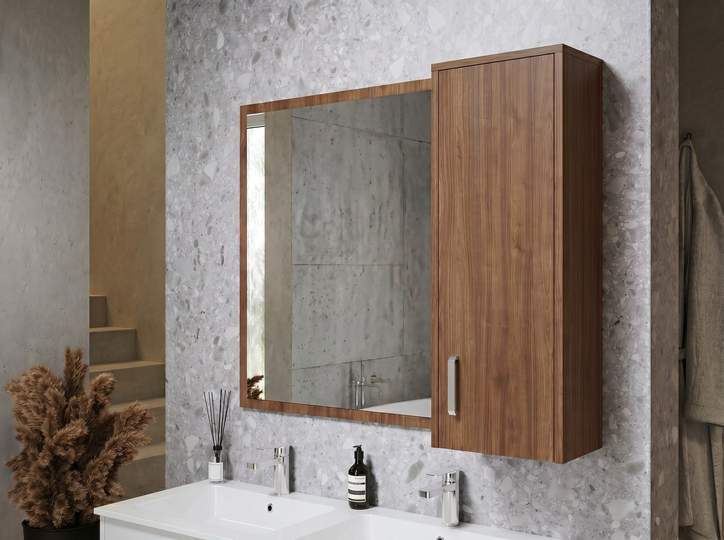 Dulap de perete cu oglinda Fabrik Home Modul 6, Pal laminat, Nuc pietros, 944x900x285 mm, cu rafturi interne