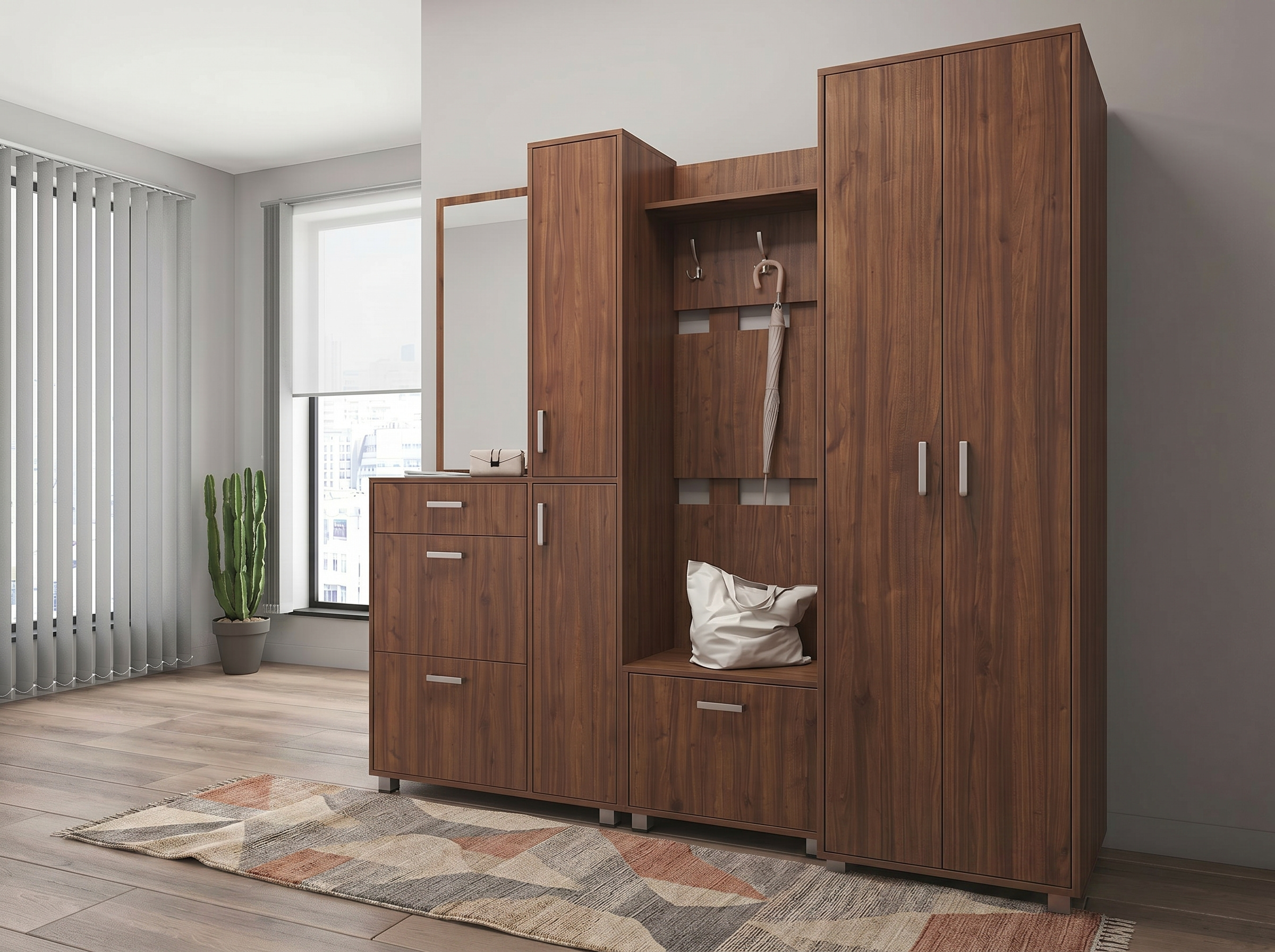 Dulap de perete cu oglinda Fabrik Home Modul 6, Pal laminat, Nuc pietros, 944x900x285 mm, cu rafturi interne