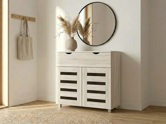 Шкаф для обуви Fabrik Home Modul 11, цвет Дуб Сонома, с 1 выдвижным ящиком, 2 дверцами с вентиляционными панелями, 2 полками и серебристыми ножками, 850x800x355мм