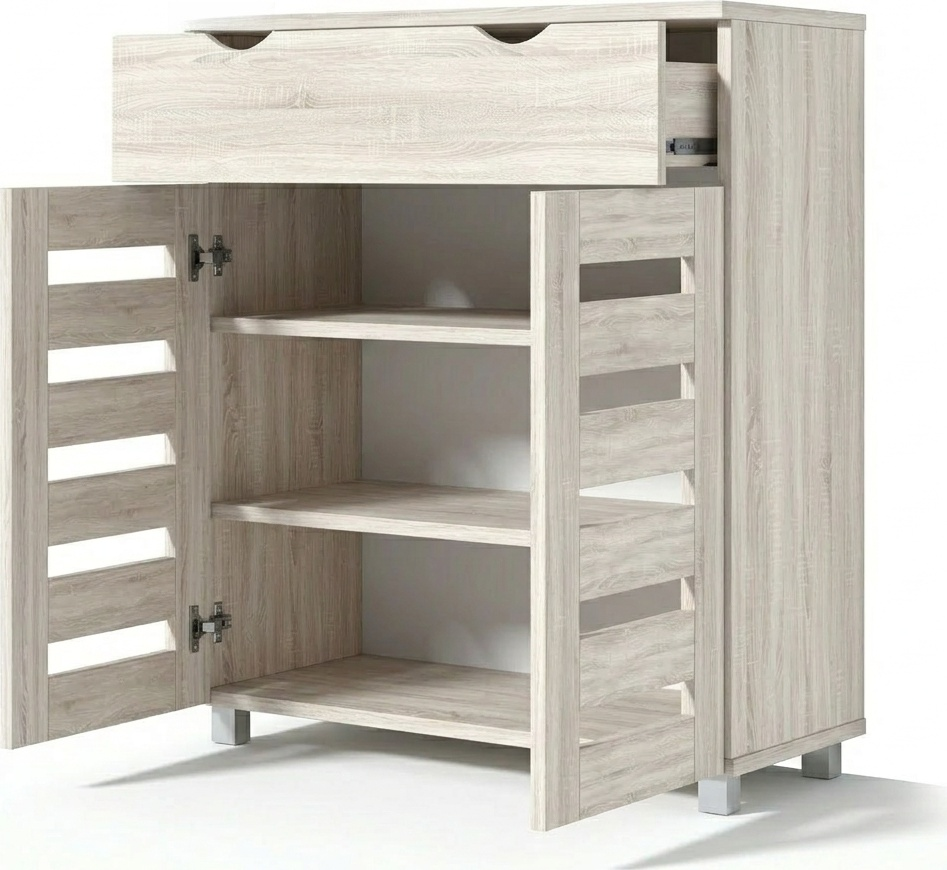 Шкаф для обуви Fabrik Home Modul 11, цвет Дуб Сонома, с 1 выдвижным ящиком, 2 дверцами с вентиляционными панелями, 2 полками и серебристыми ножками, 850x800x355мм