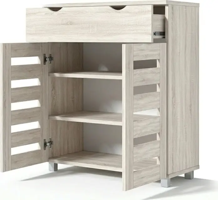 Шкаф для обуви Fabrik Home Modul 11, цвет Дуб Сонома, с 1 выдвижным ящиком, 2 дверцами с вентиляционными панелями, 2 полками и серебристыми ножками, 850x800x355мм