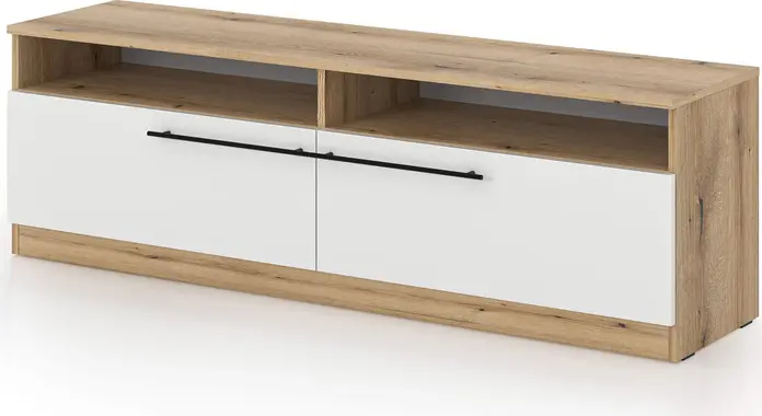 Fabrik Home Barcas TV Stand, Laminated Particle Board, Evok Oak and Glossy White, 1600x465x400 mm, Low-profile with Sliding Doors and Open Shelving