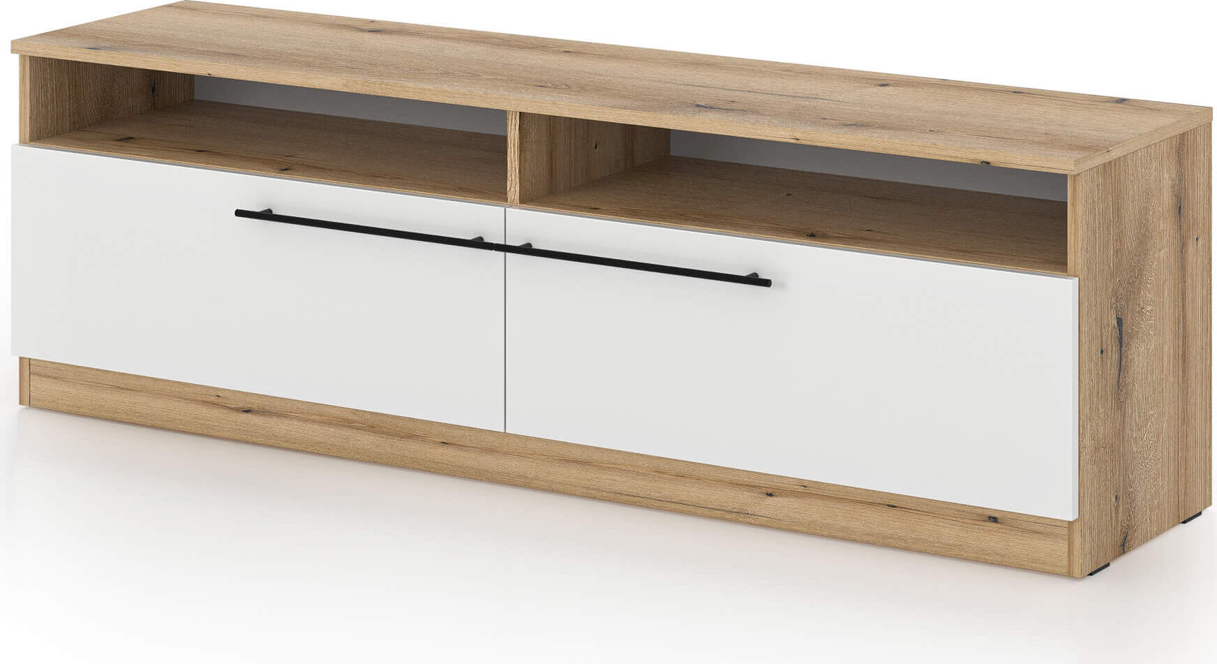 Fabrik Home Barcas TV Stand, Laminated Particle Board, Evok Oak and Glossy White, 1600x465x400 mm, Low-profile with Sliding Doors and Open Shelving