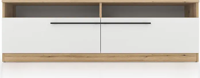 Fabrik Home Barcas TV Stand, Laminated Particle Board, Evok Oak and Glossy White, 1600x465x400 mm, Low-profile with Sliding Doors and Open Shelving