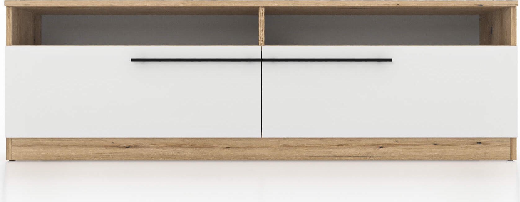 Fabrik Home Barcas TV Stand, Laminated Particle Board, Evok Oak and Glossy White, 1600x465x400 mm, Low-profile with Sliding Doors and Open Shelving