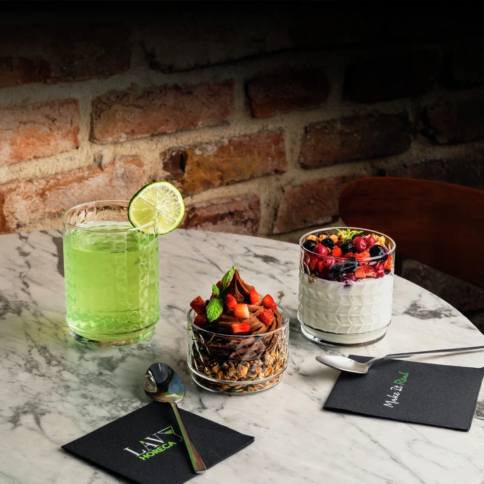 Set de 12 piese Pahare din sticla transparenta LAV Ravenna, 500 ml, Stivuibile cu relief geometric antiderapant, gama HORECA pentru catering profesional