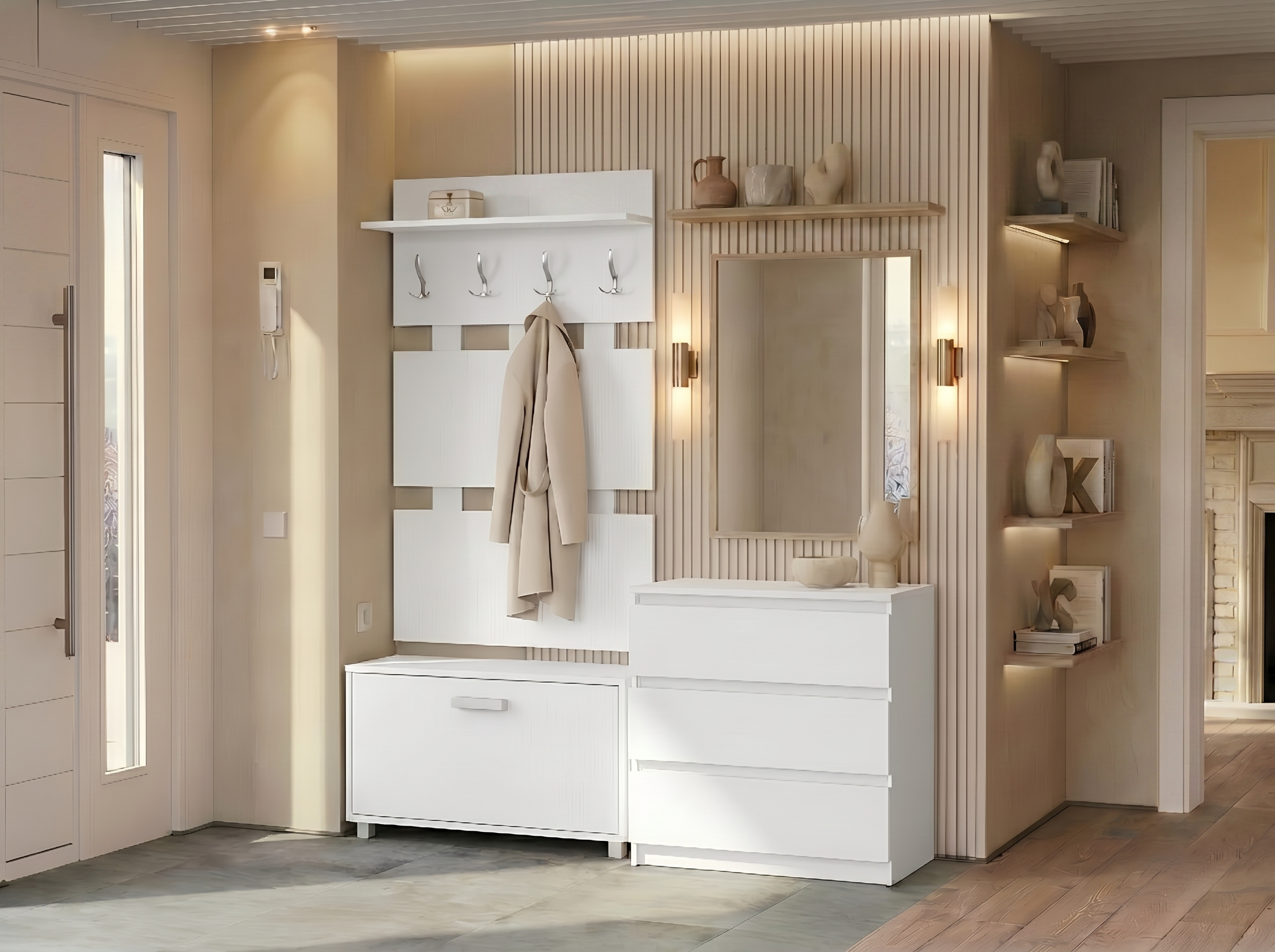 Dulap pentru incaltaminte Fabrik Home Modul 9, Frasin Alb, Material LPAL, 900x497x285mm, cu Sertar Drop-Down si Rafturi Ascunse