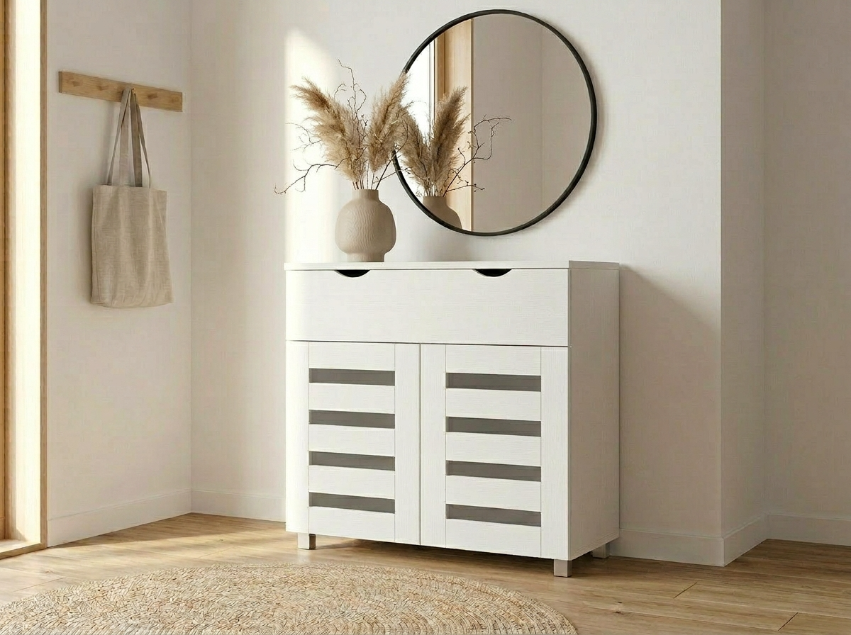 Fabrik Home Modul 11 Shoe Cabinet, White Ash, with 1 Drawer, 2 Slatted Ventilation Doors, 2 Interior Shelves, Silver Legs, 850x800x355mm
