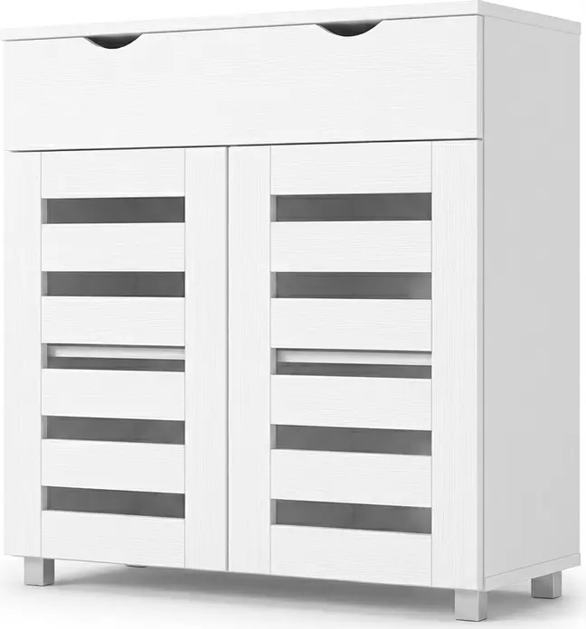 Fabrik Home Modul 11 Shoe Cabinet, White Ash, with 1 Drawer, 2 Slatted Ventilation Doors, 2 Interior Shelves, Silver Legs, 850x800x355mm