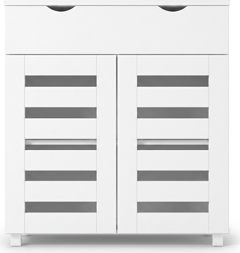 Fabrik Home Modul 11 Shoe Cabinet, White Ash, with 1 Drawer, 2 Slatted Ventilation Doors, 2 Interior Shelves, Silver Legs, 850x800x355mm
