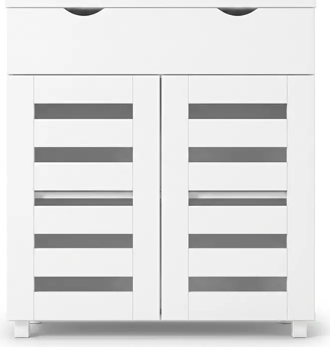 Fabrik Home Modul 11 Shoe Cabinet, White Ash, with 1 Drawer, 2 Slatted Ventilation Doors, 2 Interior Shelves, Silver Legs, 850x800x355mm