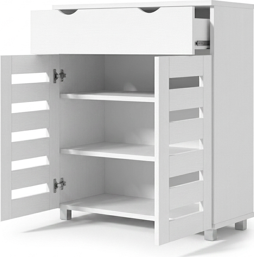 Fabrik Home Modul 11 Shoe Cabinet, White Ash, with 1 Drawer, 2 Slatted Ventilation Doors, 2 Interior Shelves, Silver Legs, 850x800x355mm