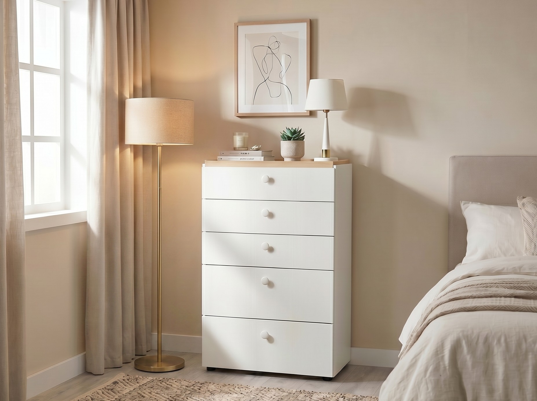 Comoda Fabrik Home Linia, 5 Sertare cu Ghidaje cu Bile cu Extensie Completa, Blat Artar, Corp Alb, 700x1200x420 mm