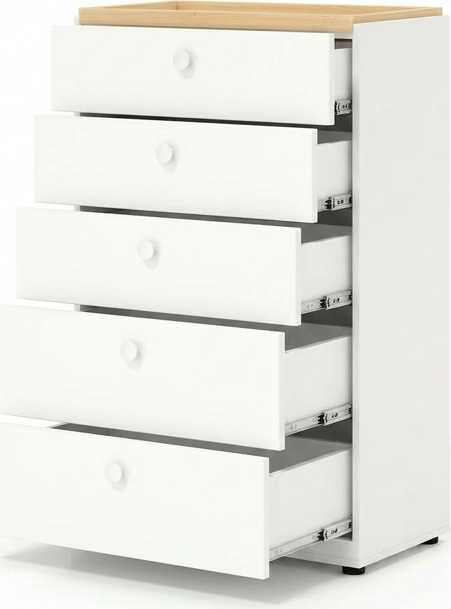 Comoda Fabrik Home Linia, 5 Sertare cu Ghidaje cu Bile cu Extensie Completa, Blat Artar, Corp Alb, 700x1200x420 mm