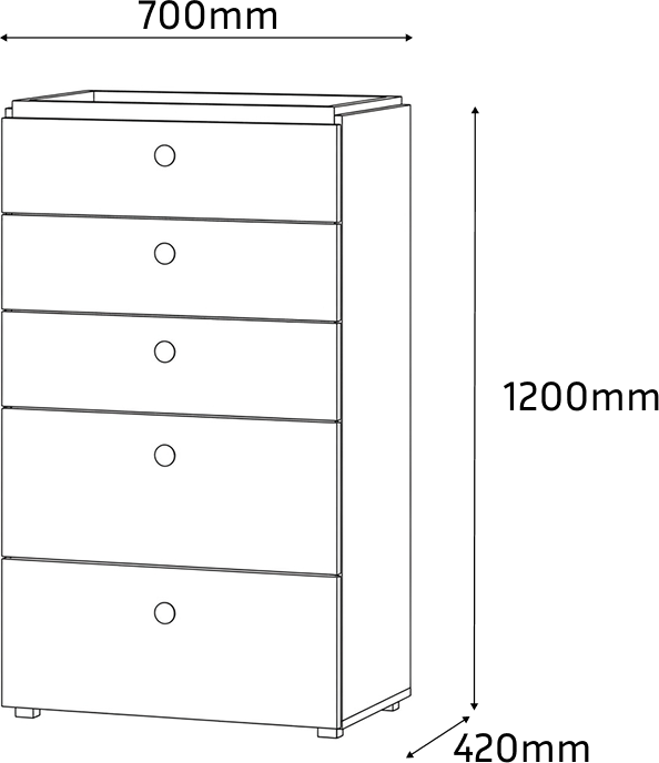 Comoda Fabrik Home Linia, 5 Sertare cu Ghidaje cu Bile cu Extensie Completa, Blat Artar, Corp Alb, 700x1200x420 mm