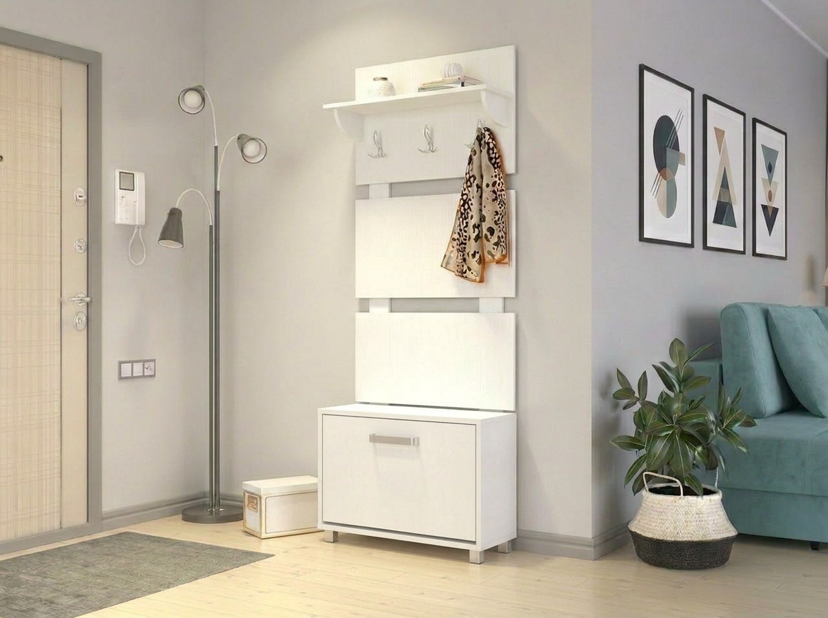 Fabrik Home Shoe Cabinet Modul No.7, White Ash, Laminated Particle Board, 600x497x285 mm, Modular Hallway Unit with Front Flap and Handle