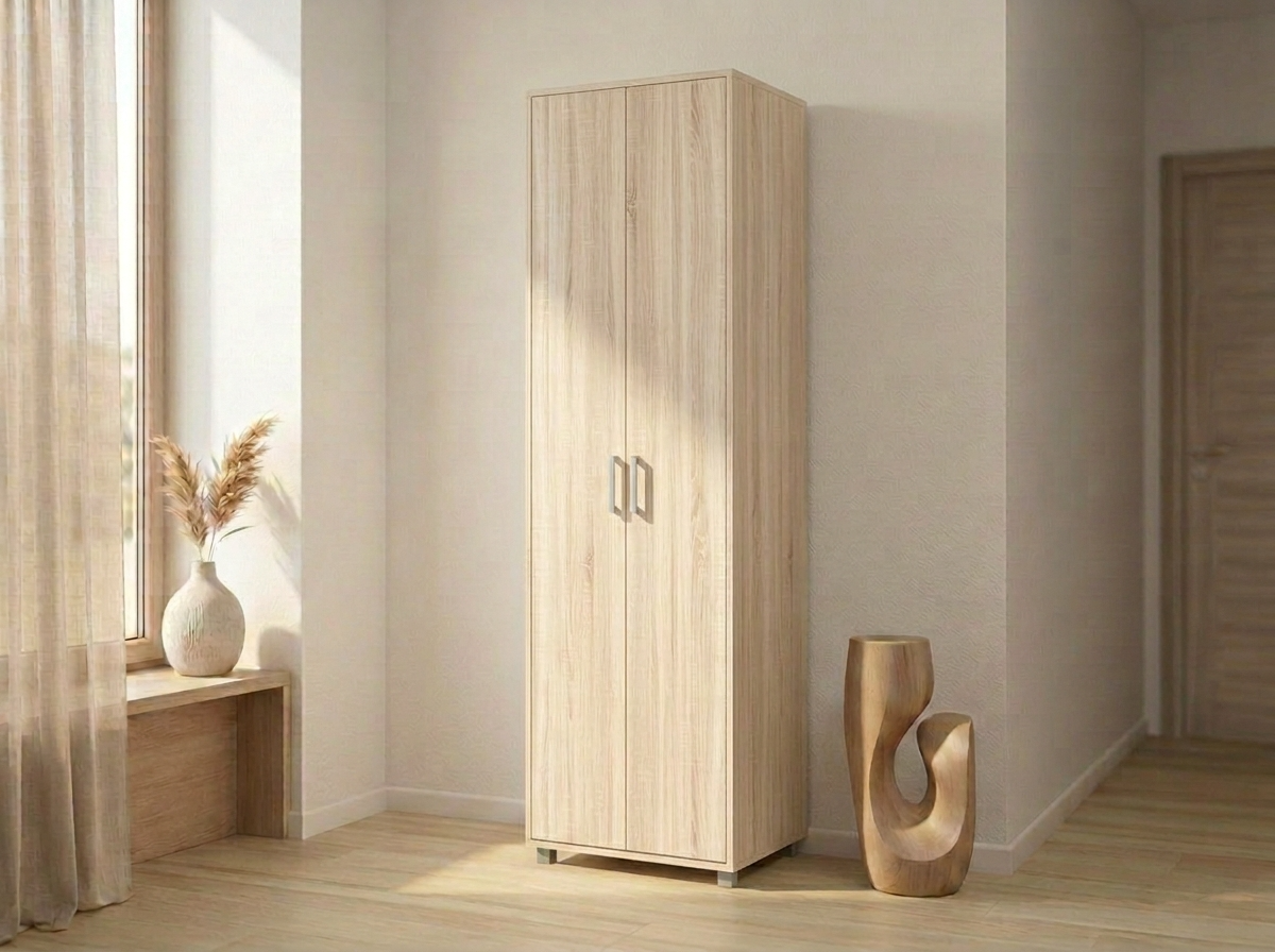 Fabrik Home Dulap Modul 2 Wardrobe, Sonoma Oak, Laminated Chipboard, 2000x600x420 mm, 2 Hinged Doors, Clothes Rail, Shelves, Silver Handles and Legs