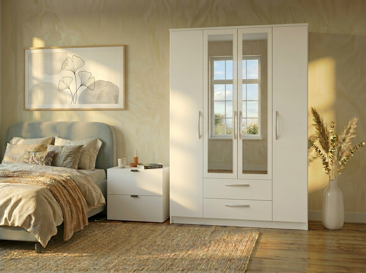 Fabrik Home Linia 1600 Wardrobe, White Ash, 160x50x200 cm, Laminated Chipboard, 4 Hinged Doors with 2 Mirrors, 3 Sections, 2 Drawers