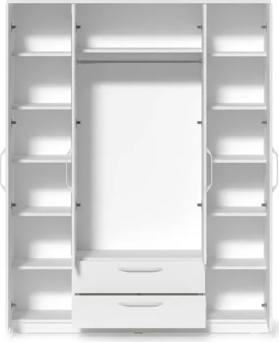 Fabrik Home Linia 1600 Wardrobe, White Ash, 160x50x200 cm, Laminated Chipboard, 4 Hinged Doors with 2 Mirrors, 3 Sections, 2 Drawers