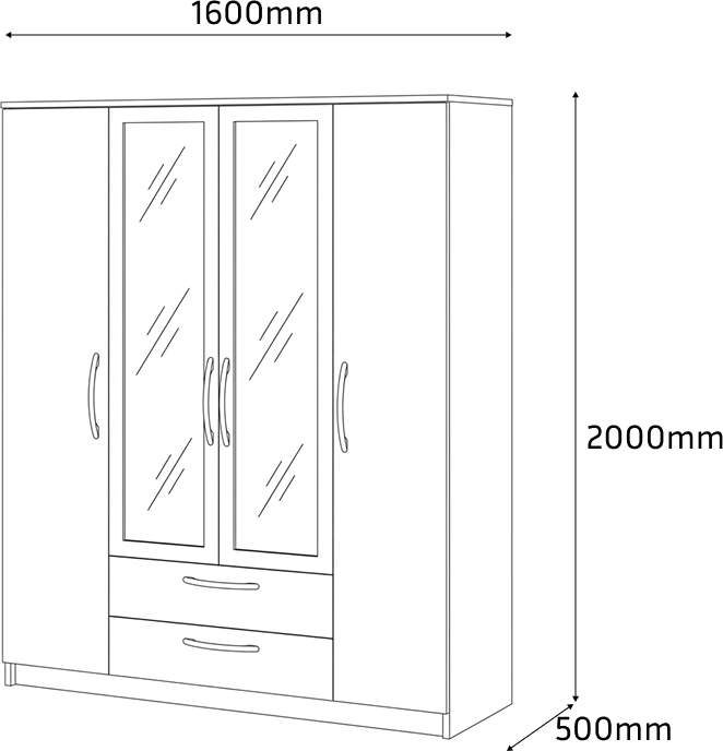 Fabrik Home Linia 1600 Wardrobe, White Ash, 160x50x200 cm, Laminated Chipboard, 4 Hinged Doors with 2 Mirrors, 3 Sections, 2 Drawers
