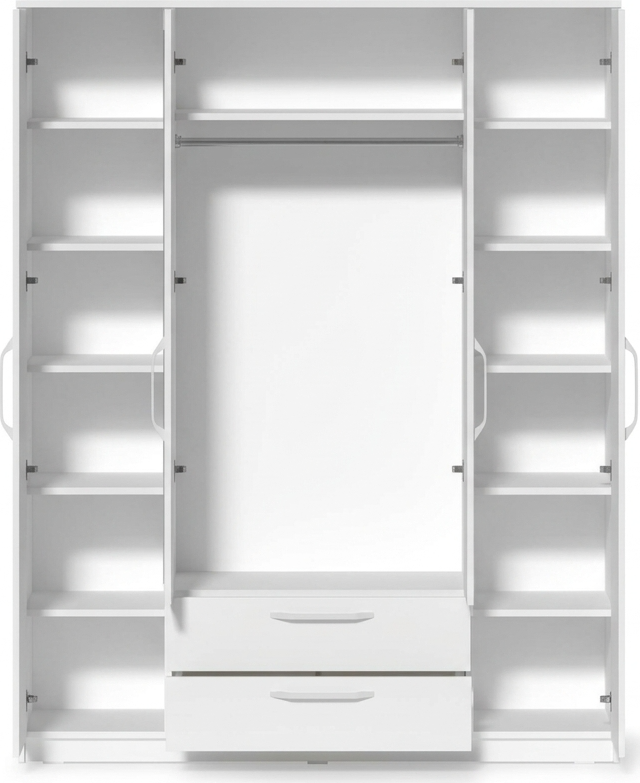 Fabrik Home Linia 1600 Wardrobe, White Ash, 160x50x200 cm, Laminated Chipboard, 4 Hinged Doors with 2 Mirrors, 3 Sections, 2 Drawers