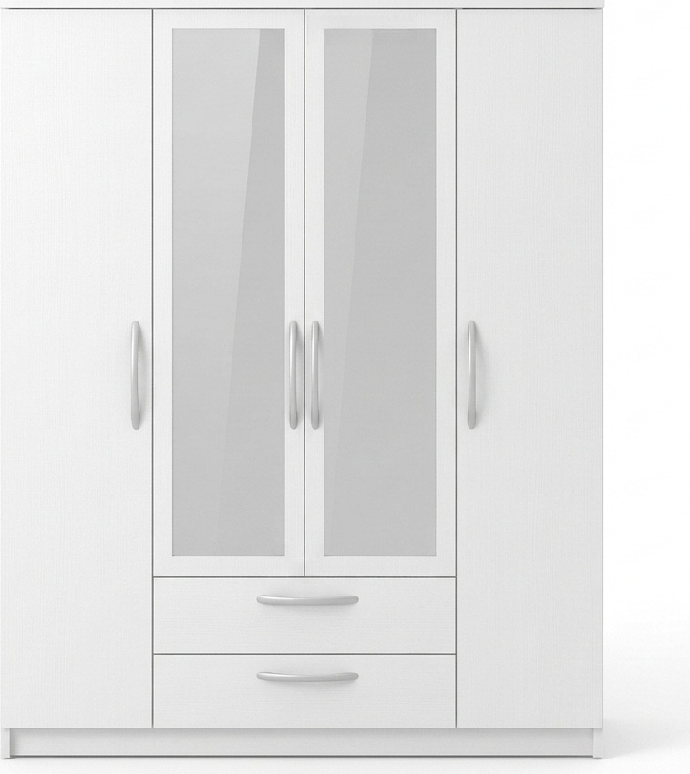 Fabrik Home Linia 1600 Wardrobe, White Ash, 160x50x200 cm, Laminated Chipboard, 4 Hinged Doors with 2 Mirrors, 3 Sections, 2 Drawers
