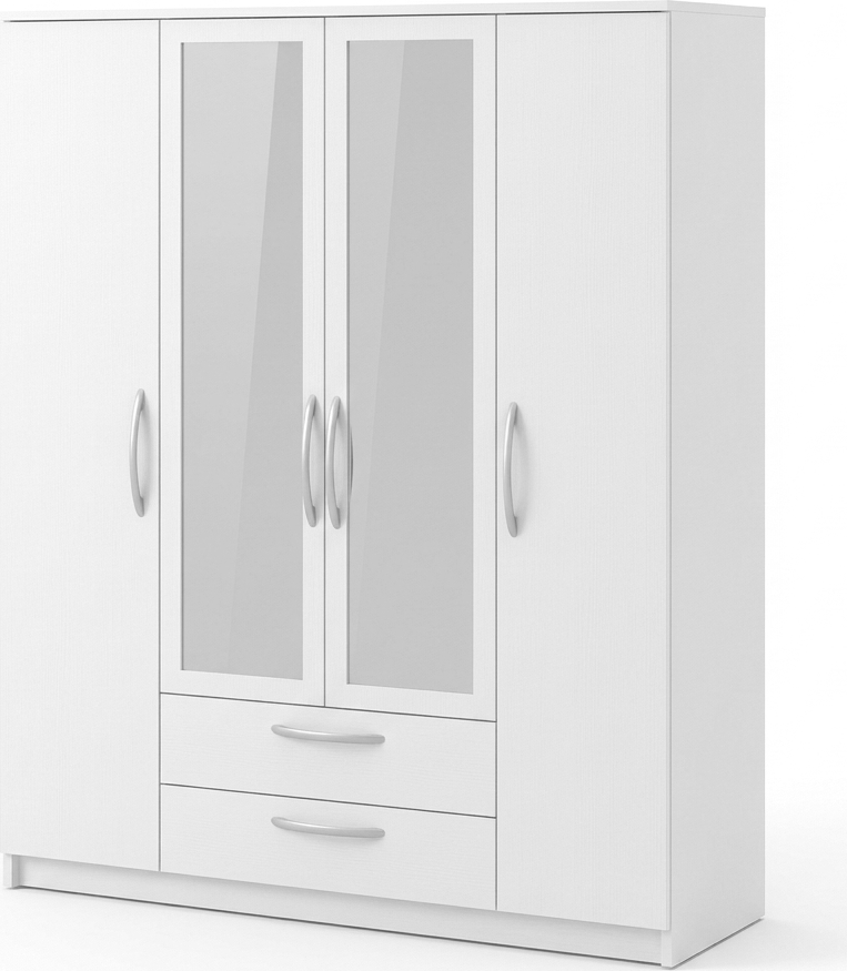 Fabrik Home Linia 1600 Wardrobe, White Ash, 160x50x200 cm, Laminated Chipboard, 4 Hinged Doors with 2 Mirrors, 3 Sections, 2 Drawers