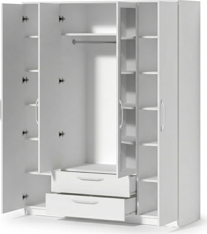 Fabrik Home Linia 1600 Wardrobe, White Ash, 160x50x200 cm, Laminated Chipboard, 4 Hinged Doors with 2 Mirrors, 3 Sections, 2 Drawers