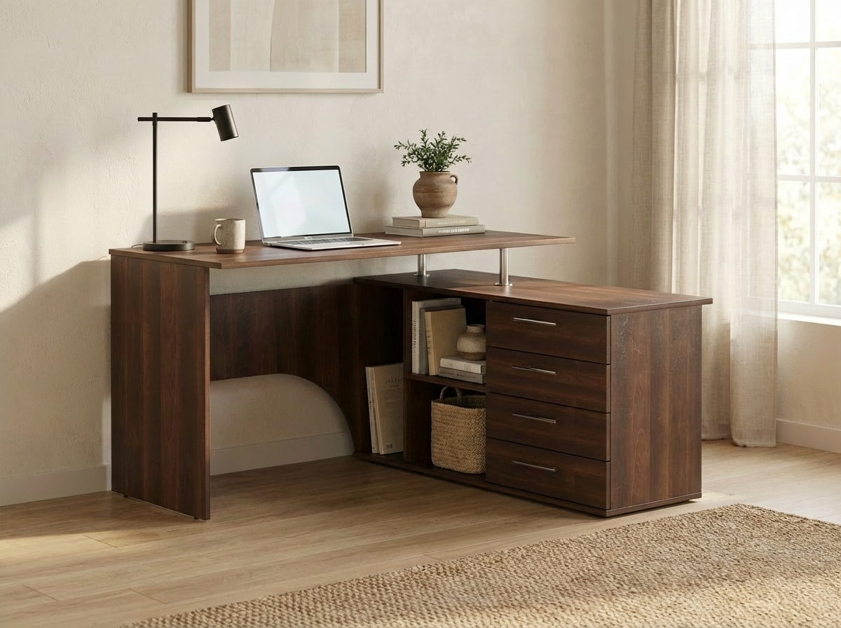 Fabrik Home Nr.1 L-Shaped Corner Computer Desk, Dark Walnut, Laminated PAL 18mm, 1400x1200mm, 4 Drawers, Open Shelving, RASTEX System