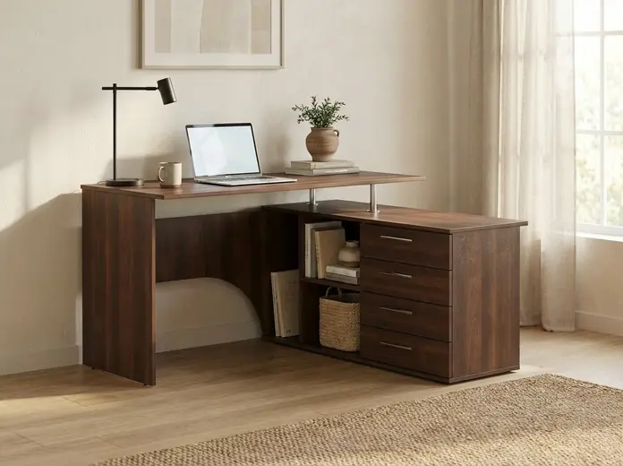 Fabrik Home Nr.1 L-Shaped Corner Computer Desk, Dark Walnut, Laminated PAL 18mm, 1400x1200mm, 4 Drawers, Open Shelving, RASTEX System