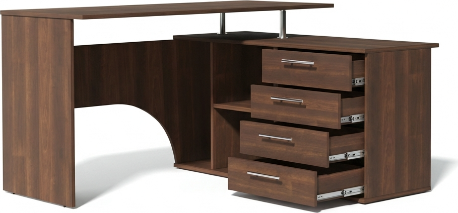 Fabrik Home Nr.1 L-Shaped Corner Computer Desk, Dark Walnut, Laminated PAL 18mm, 1400x1200mm, 4 Drawers, Open Shelving, RASTEX System