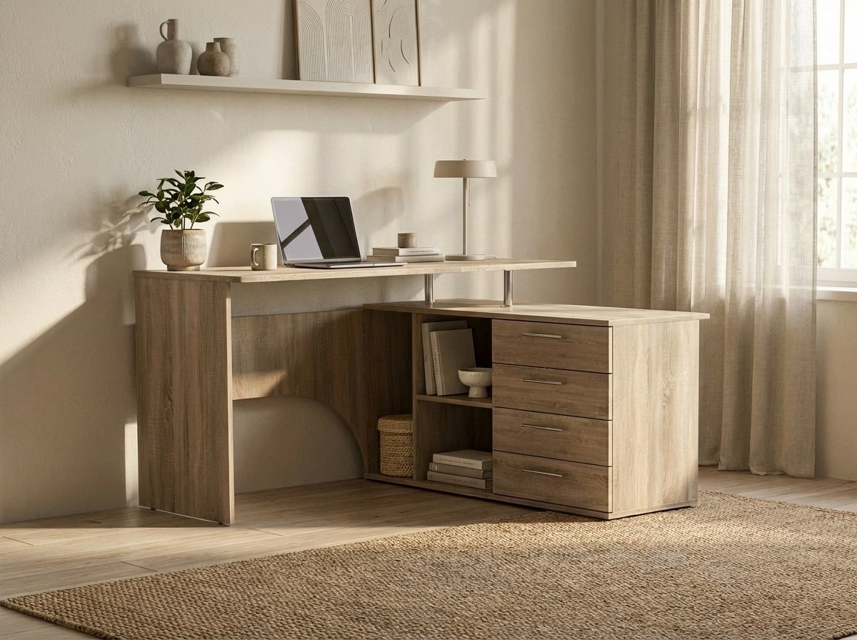 Fabrik Home Nr.1 L-Shaped Corner Computer Desk, Sonoma Oak, 1400x1200mm, Laminated PAL 18mm, 4 Drawers and Open Shelves, RASTEX Connection System