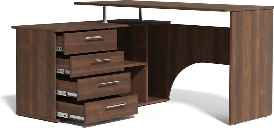 Угловой компьютерный стол Fabrik Home Nr.1, ламинированный ДСП, 1400x1200x750мм, 4 ящика и открытые полки, Темный орех
